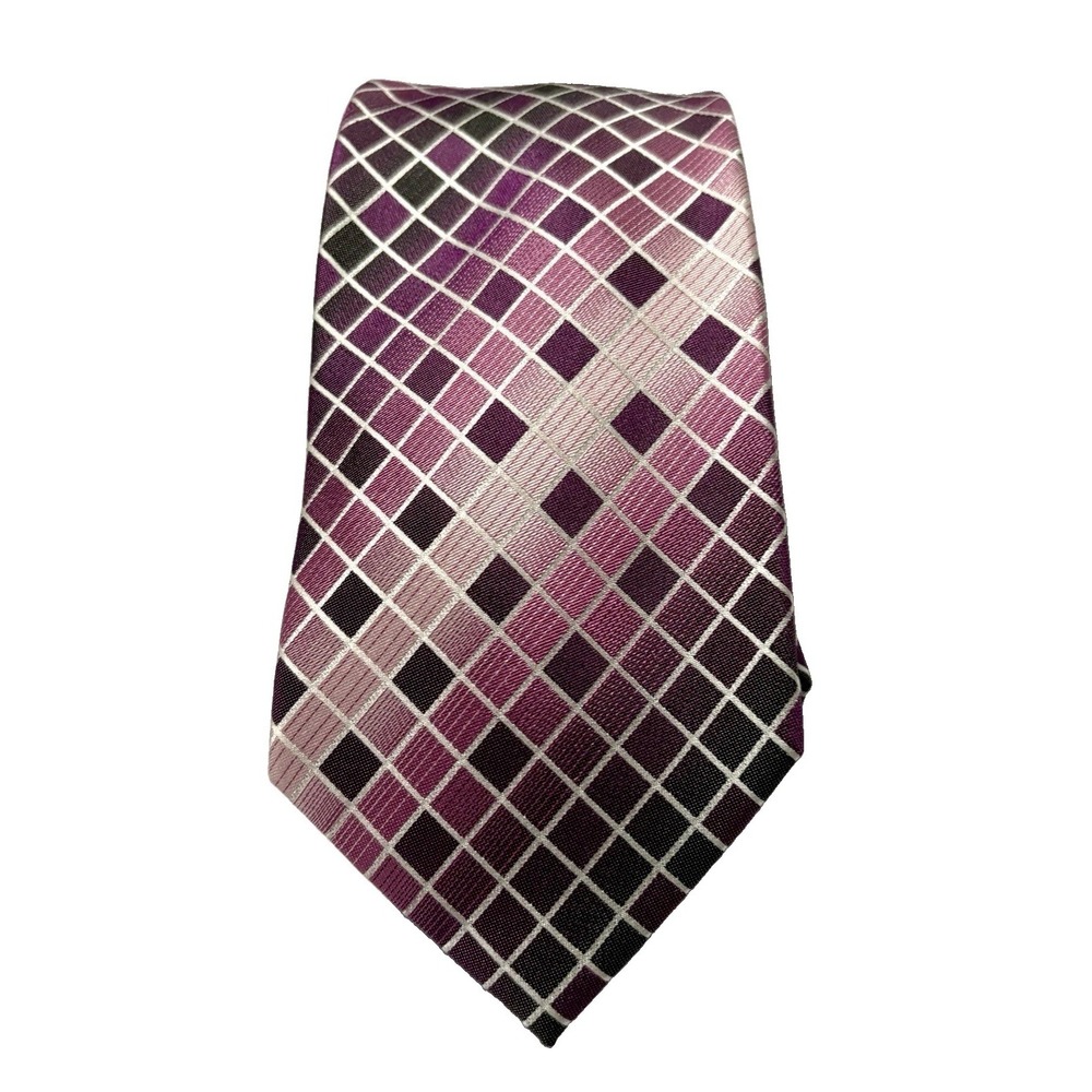 Alfani Men's tie Pinks Purple Check Geometric Handmade Silk Wedding